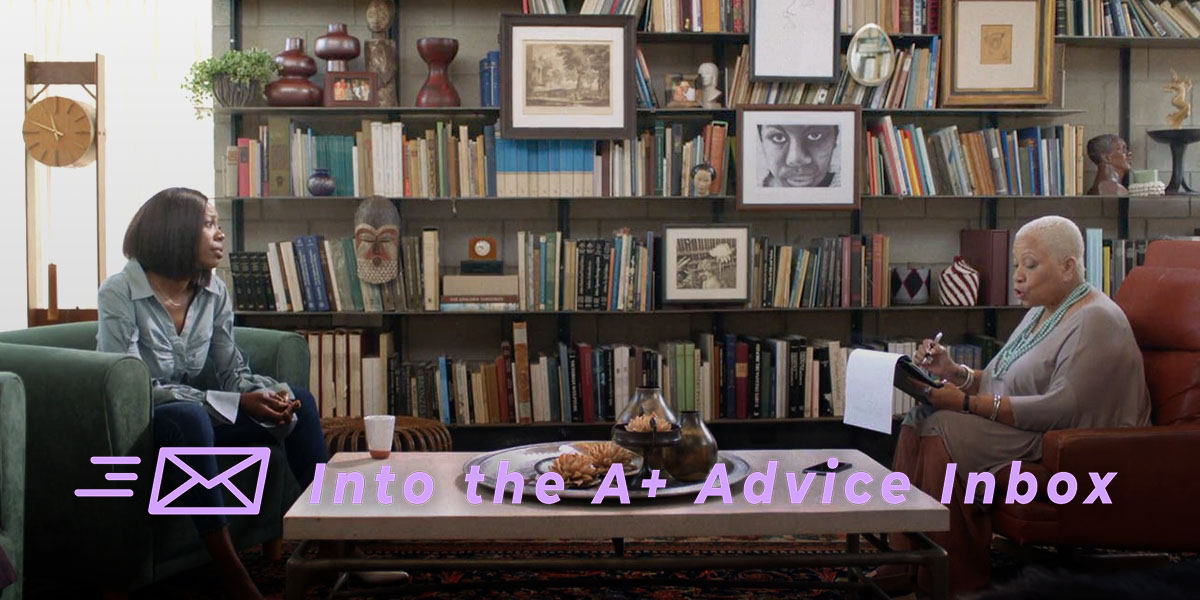 two characters from insecure meet over a therapy table to discuss