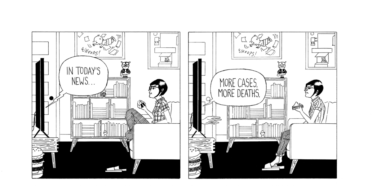 in a two panel, black-and-white comic, Frida watches the news. The announcer says, 