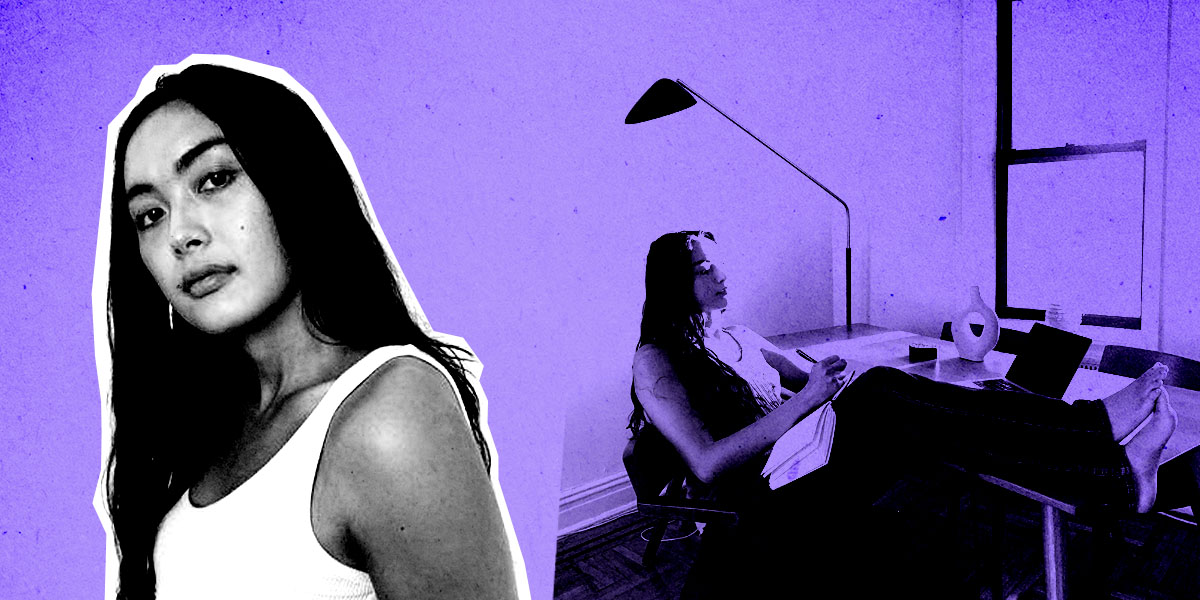 A purple feature. In the background, Xoai sitting at her desk writing in her notebook as light streams through the window. In the foreground, Xoai is cut out in black and white, looking at the viewer.