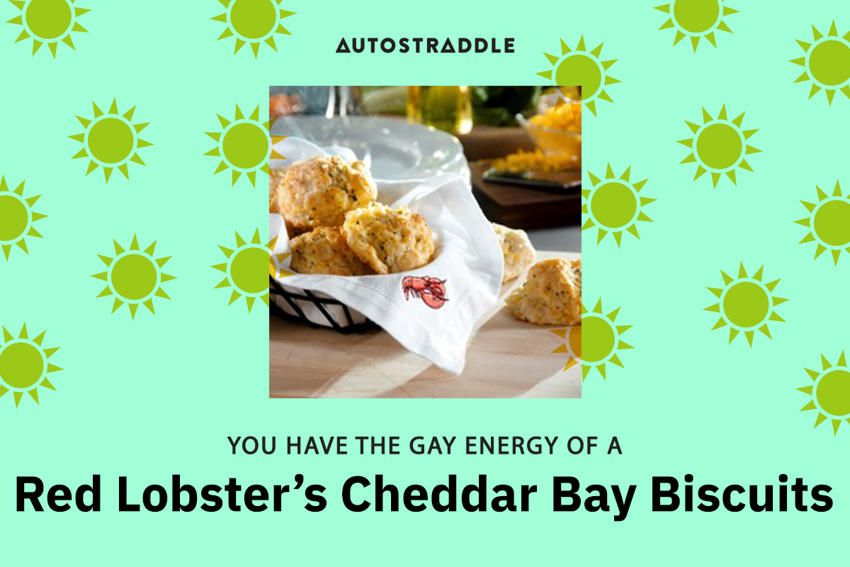 A quiz result image. It features red lobster cheddar bay biscuits and reads: "You have the gay energy of a Red Lobster's Cheddar Bay Biscuits"