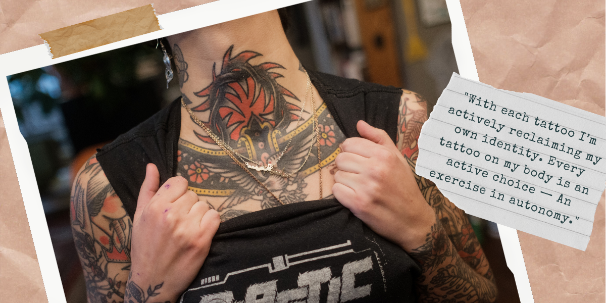 Image shows the heavily tattooed neck of tattoo artist Sema Dayoub. There is a small note on the site that reads 