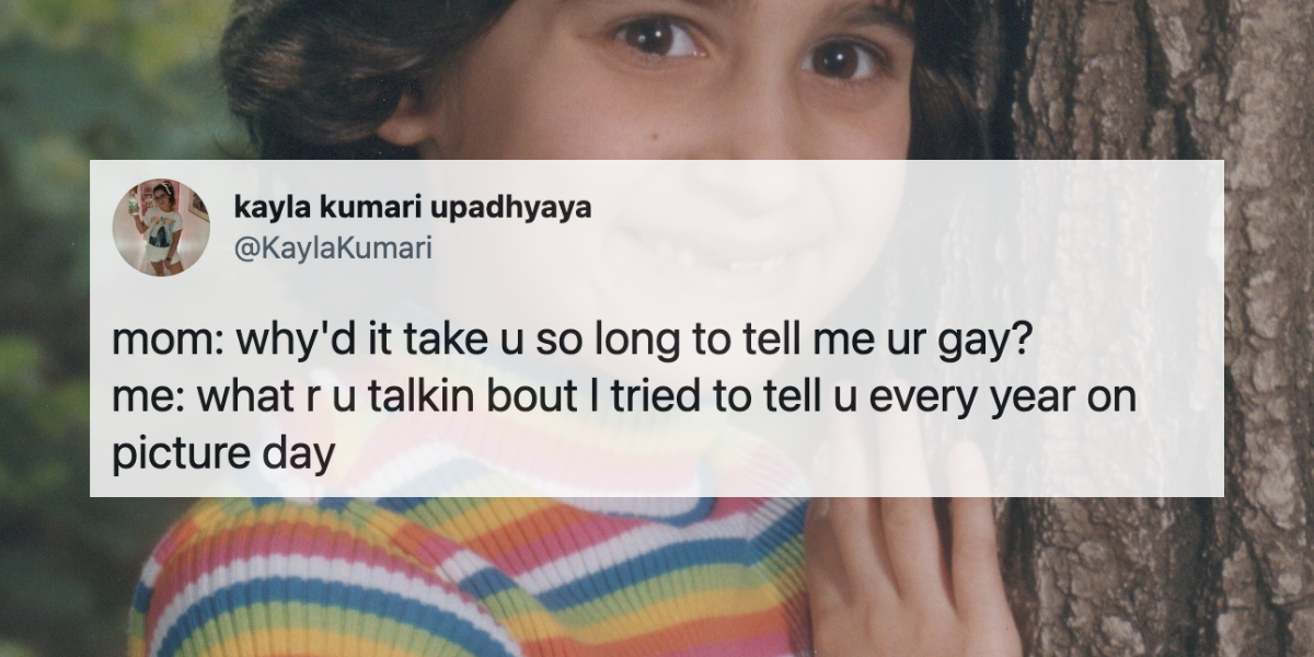 Image shows a background photo of a child in a rainbow striped sweater. There is a tweet over it that says 
