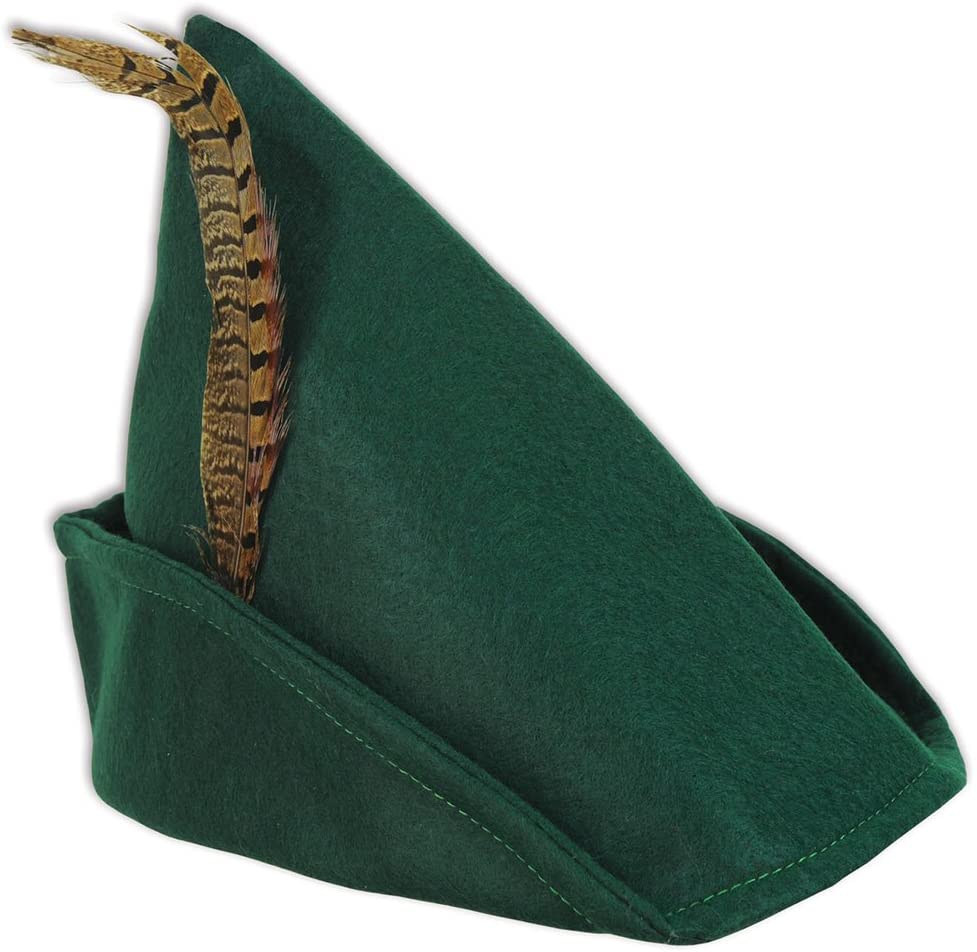 a green cap with a feather in it like Robin Hood would wear