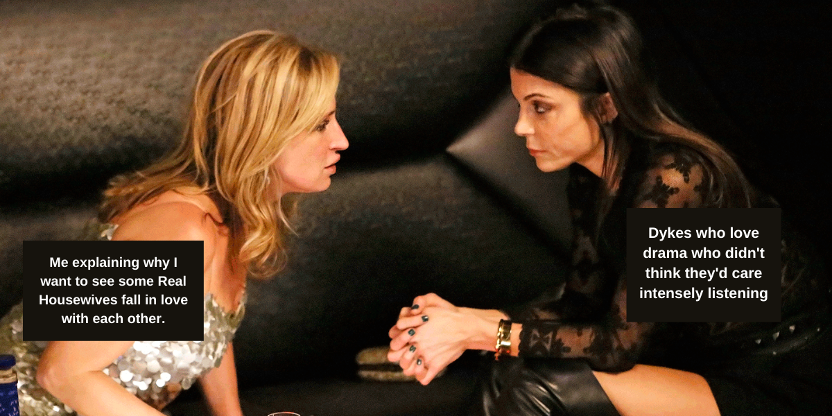 Image shows two women talking to each other. one has text that says 