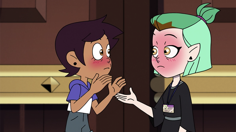 Luz and Amity clasp hands and blush furiously