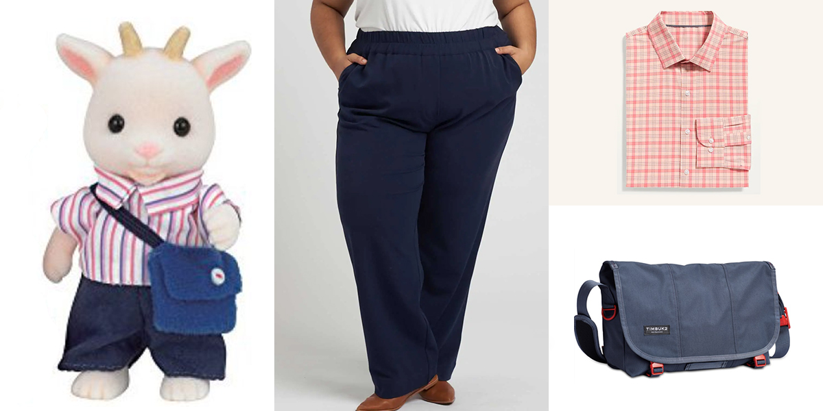 A collage of Billy the goat, navy slacks, a pink plaid button-up, and a blue messenger bag.
