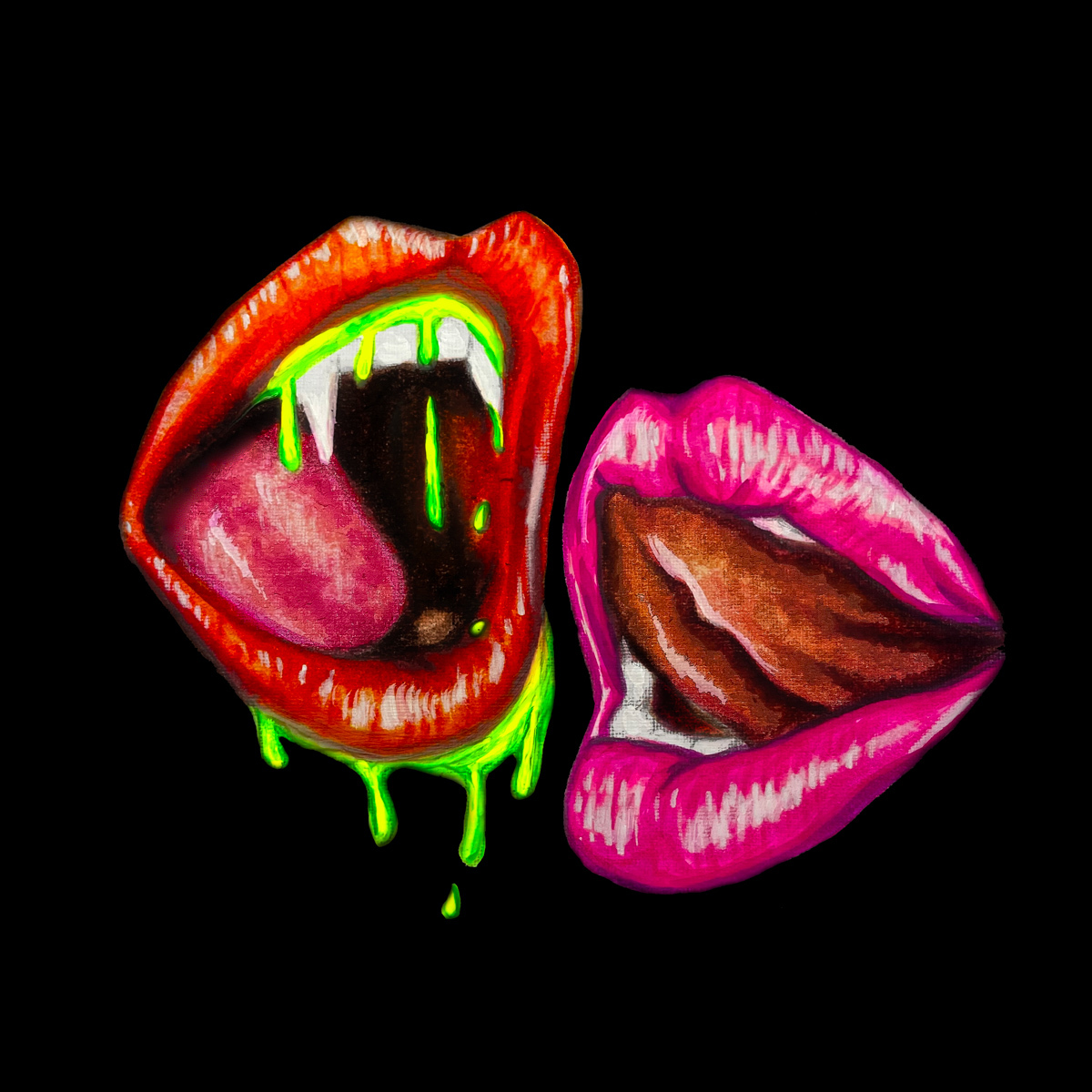 A mouth with red lips, fangs and green blood dripping from its teeth faces a pink mouth against a black background