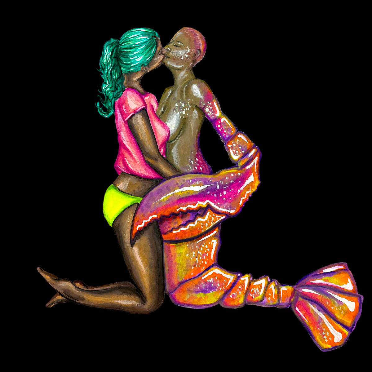 A Black woman with long teal hair wearing a pink T-shirt and yellow underwear kisses and embraces a shirtless Black woman with short pink hair, lobster claws and a lobster tail
