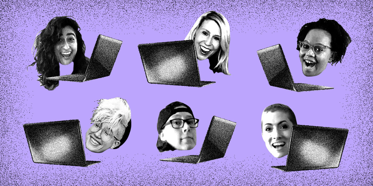 Sarah, Riese, Carmen, Nicole, Heather and Laneia each appear as floating heads behind laptops. The background is grainy and white. Everyone except Heather is smiling hugely.