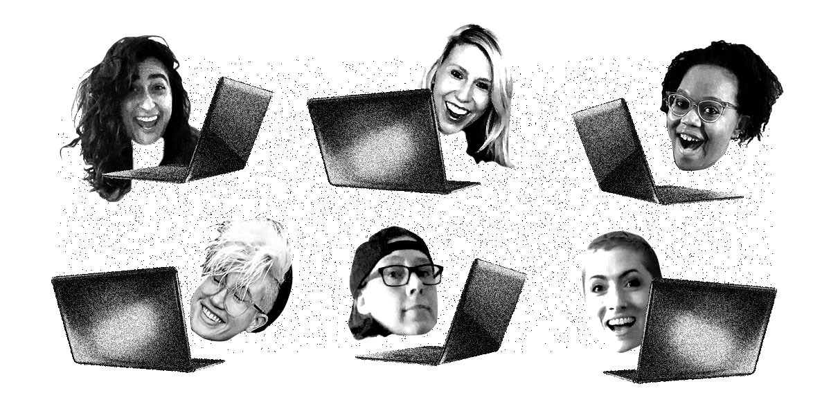Sarah, Riese, Carmen, Nicole, Heather and Laneia each appear as floating heads behind laptops. The background is grainy and white. Everyone except Heather is smiling hugely.