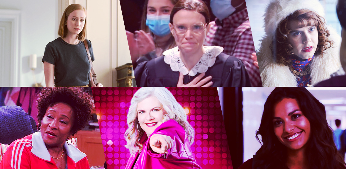 Stills of nominees for Outstanding Performance by an Out LGBTQ+ Actor in a Comedy: Hannah Einbinder as Ava Daniels, Hacks; Kate McKinnon, Saturday Night Live; Cole Escola as Chip Wreck, Search Party; Wanda Sykes as Lucretia Turner, The Upshaws; Paula Pell as Gloria, Girls 5Eva; Humberly González as Sophie Sanchez, Ginny & Georgia