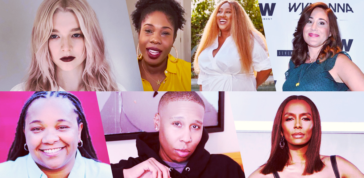 Stills of nominees for Outstanding LGBTQ+ Director / Writer / Showrunner: Hunter Schafer, writer, Euphoria (“Fuck Anyone Who’s Not a Sea Blob”); Ashley Nicole Black and Lauren Ashley Smith, writers, A Black Lady Sketch Show; Emily Andras, showrunner, Wynonna Earp; Janet Mock, director, Pose ("Take Me to Church”); Lena Waithe, writer, Master of None Presents: Moments in Love; Tina Mabry, director, Pose ("The Trunk")