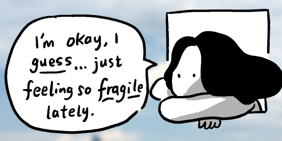 A black and white character sits outside of a window in a sky, they say 