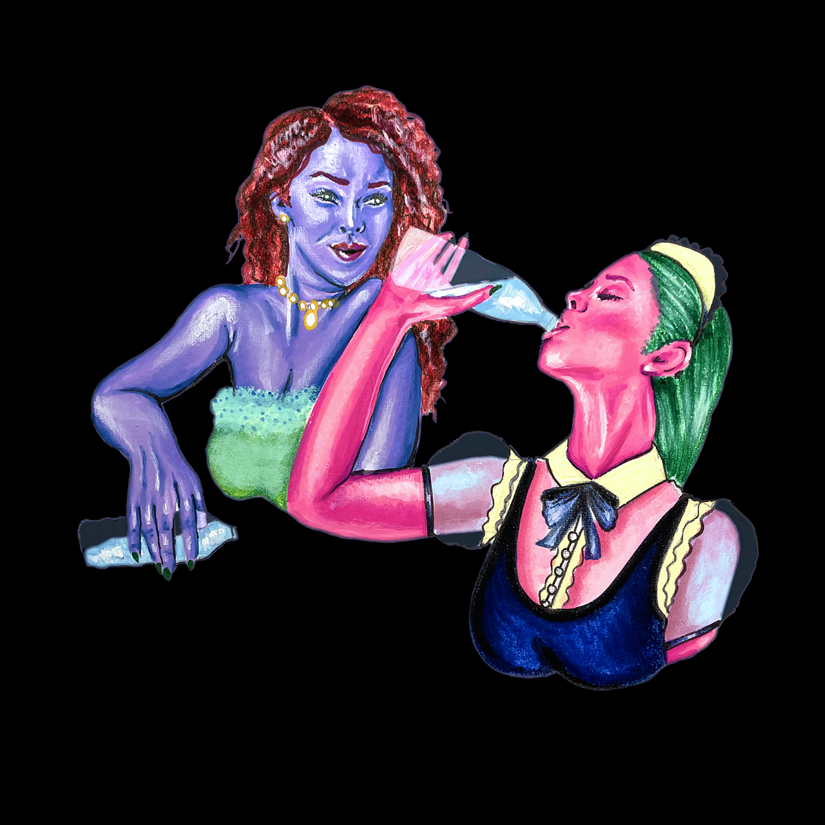 The Countess, who has a purple skin and curly red hair, watches Myra, who has pink skin and green hair and wears a maid uniform, chug from a bottle of water.