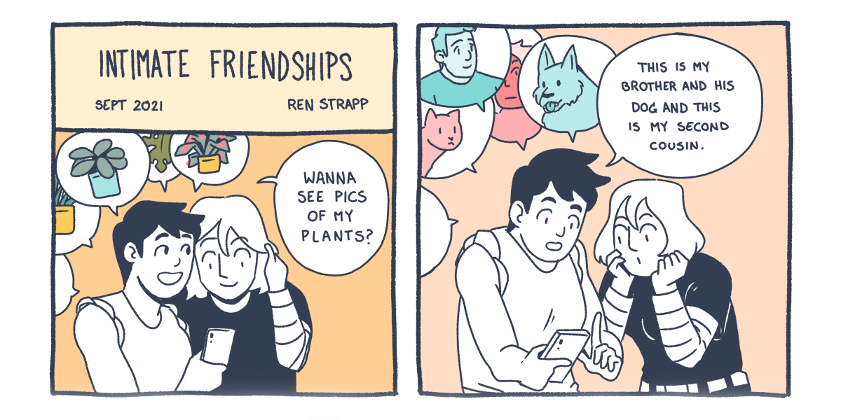 In pastel colors and a 2 panel comic, a person with short navy blue hair hands their phone to their friend with shoulder length hair, and asks 