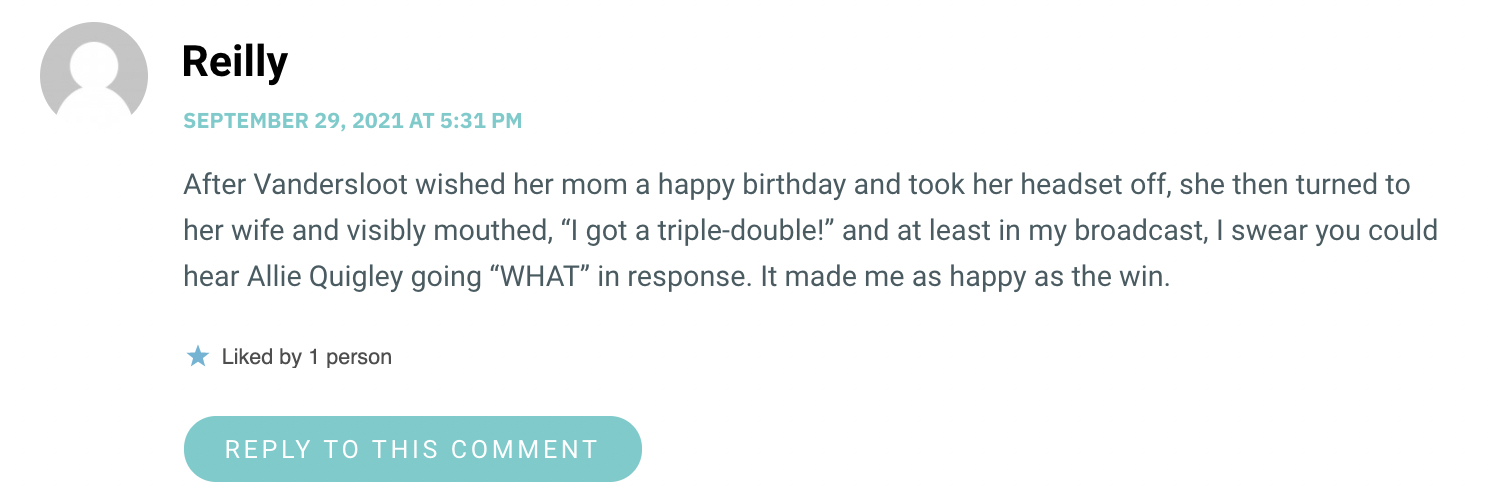 After Vandersloot wished her mom a happy birthday and took her headset off, she then turned to her wife and visibly mouthed, “I got a triple-double!