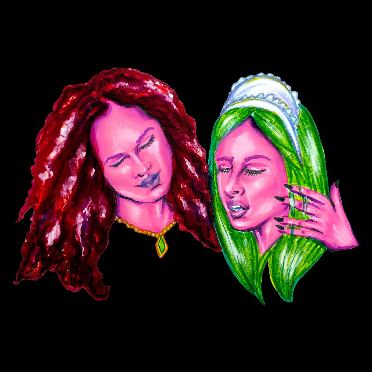 The countess, a woman with pink skin and red hair, wraps her arm around the maid, a woman with pink skin, green hair and a maid's hat, against a black background.