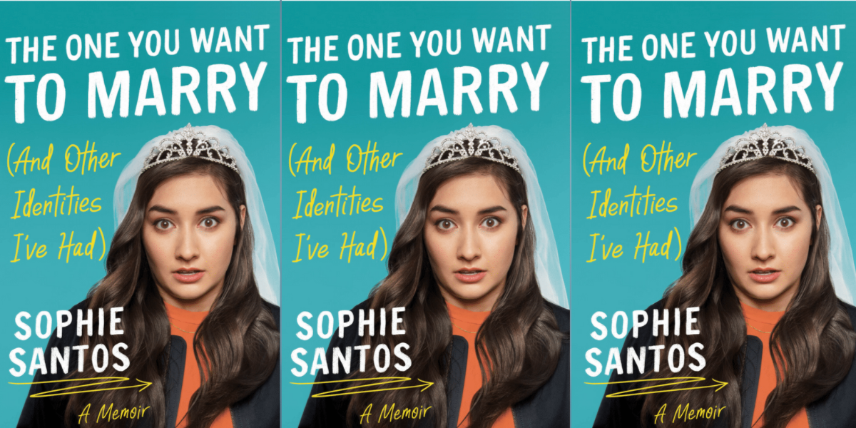 Photo shows the book cover for Sophie Santos book where she is wearing a jacket, orange shirt and a bridal veil with the text 