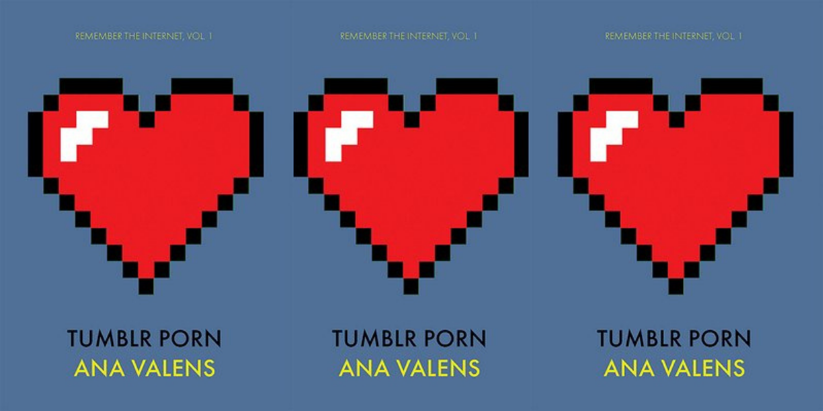 Three images of the book Tumblr Porn side by side: each blue book cover features a pixelated red heart and the text, 