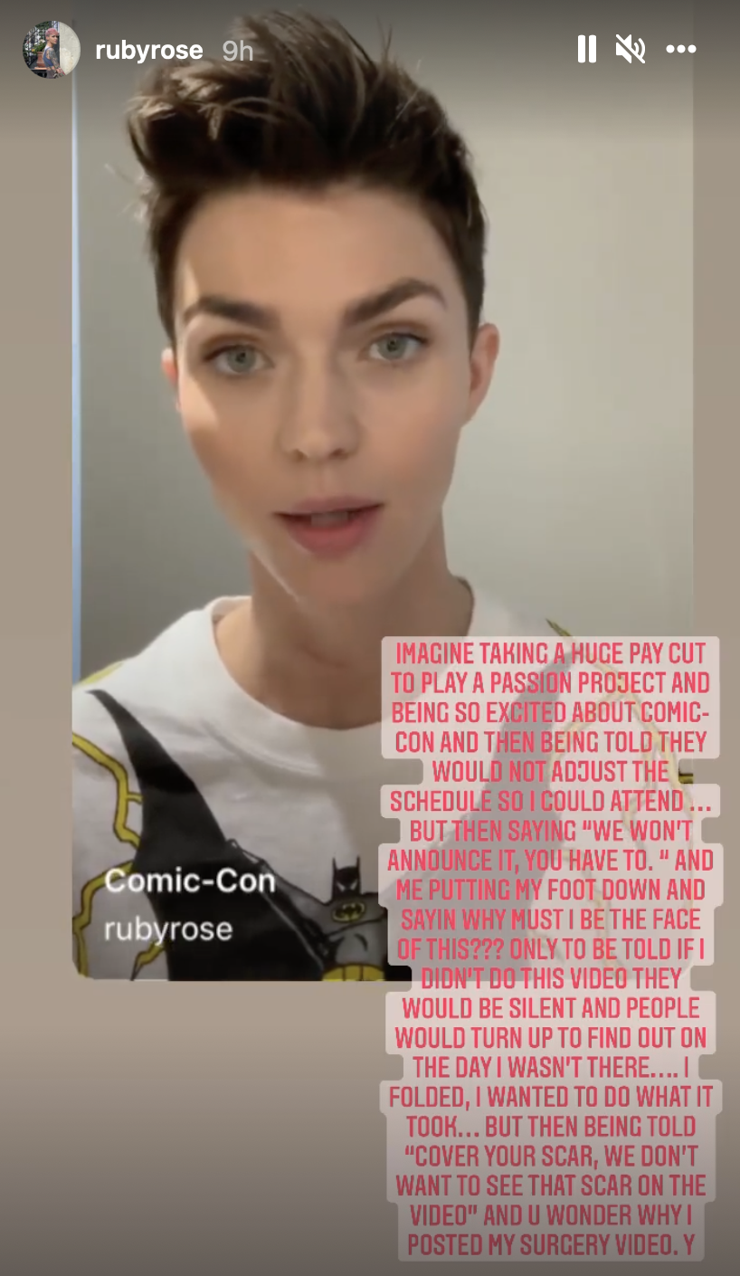 Screenshot of Ruby Rose's Instagram Live in bold pink font as Rose describes their reasons for leaving Batwoman (full transcript can be found at: https://www.cbr.com/batwoman-ruby-rose-horrifying-set-conditions-slams-wbtv-berlanti/)