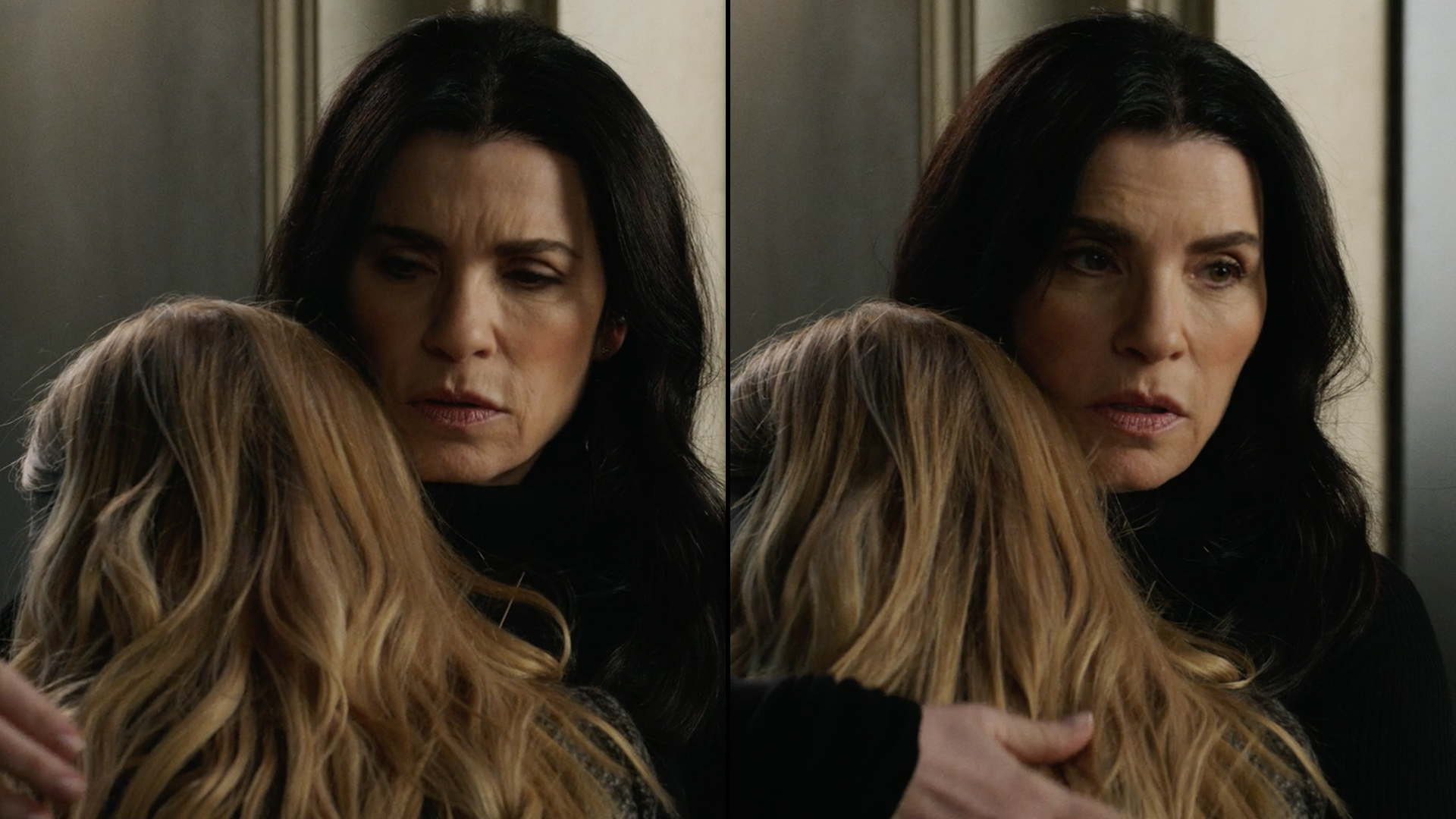 Two side by side images of Julianna Margulies hugging Reese Witherspoon in The Morning Show