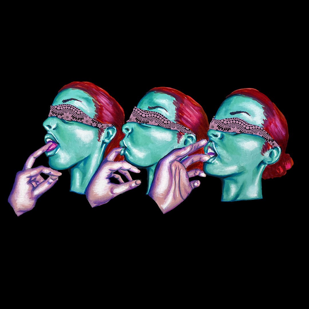 Three different images of a person with teal skin and pink hair who is wearing a patterned pink blindfold sucking on the fingers of a hand with pink skin against a black background