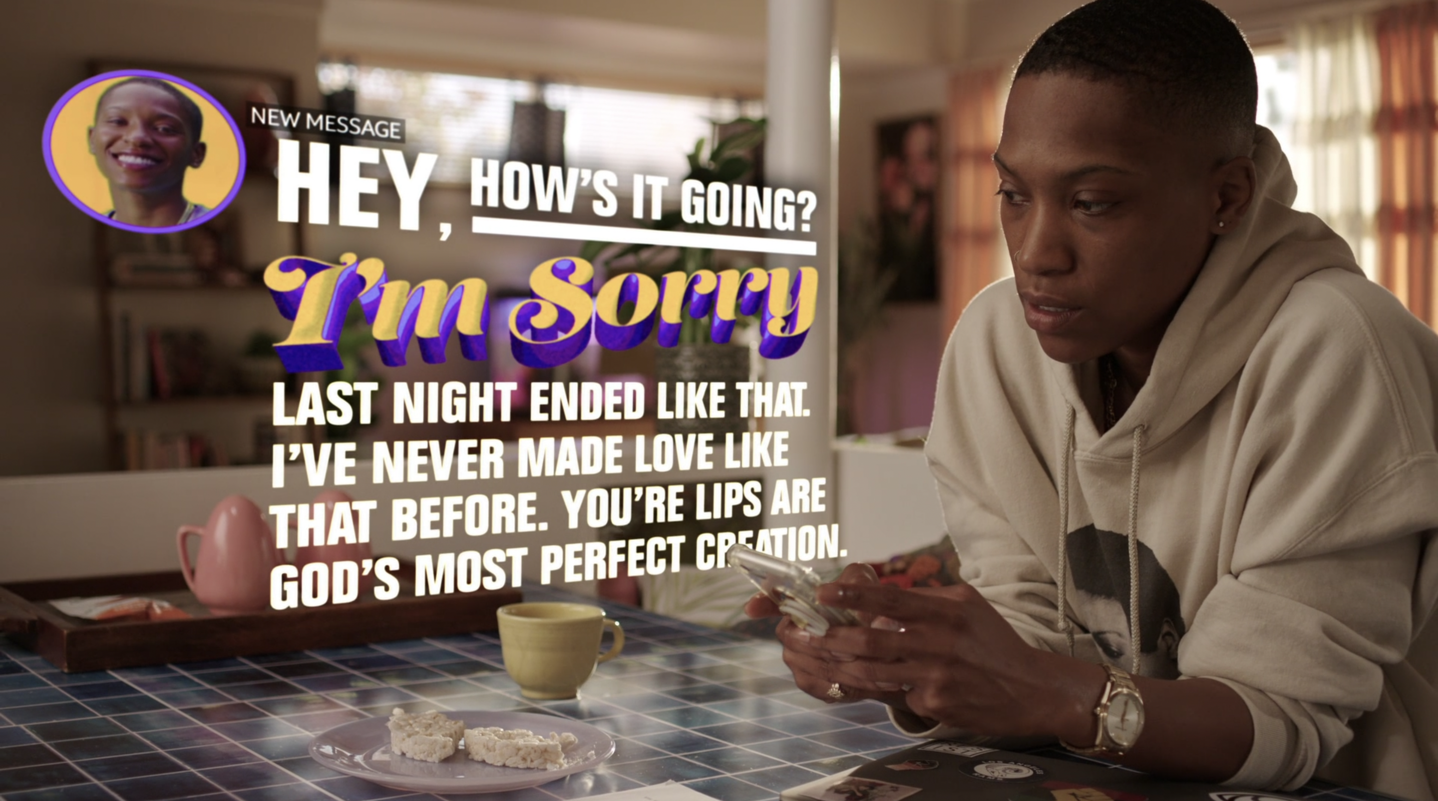 Twenties Recap: Hattie texts Ida, on the screen it says "Hey, How's it going? I'm sorry. Last night ended like that. I've never made love like that before. You're lips are God's most perfect creation."