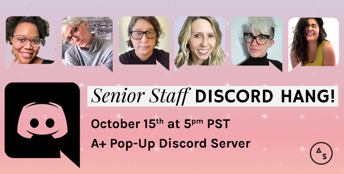 A graphic advertising the discord hang with senior staff members, featuring each of their faces. 5pm PST on October 15th!