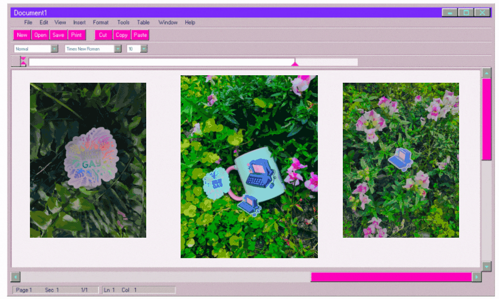 A GIF with a 90s esque windows computer window in the background, and three photos of the perks in a row inside of the image. The left is our Keep the Internet Gay sticker, the middle is all three include the aforementioned sticker as well as the Gay Computer mug and sticker, and the right is a photo of just the gay computer sticker