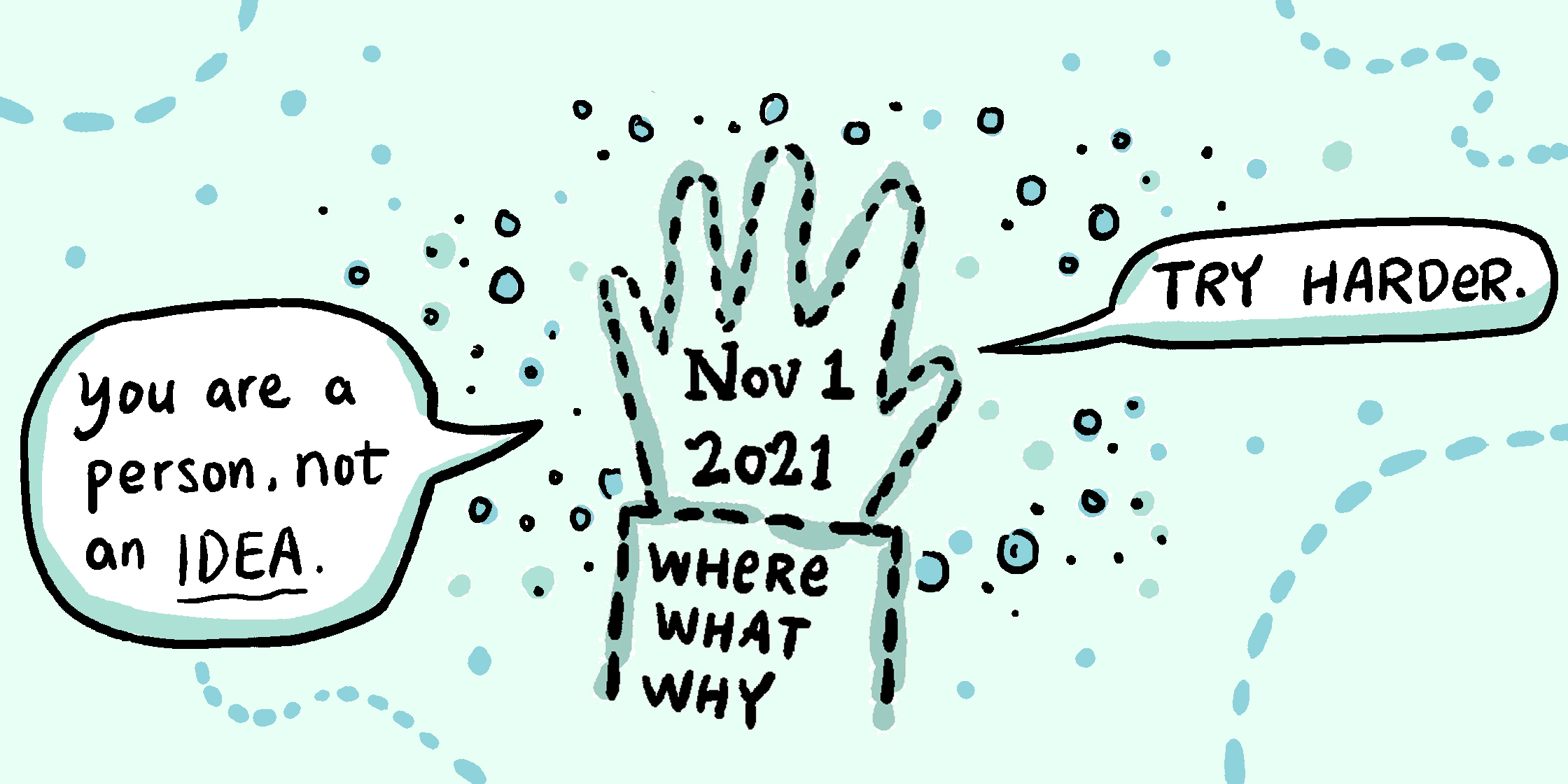 An outline of a turquoise blue hand with following text, 