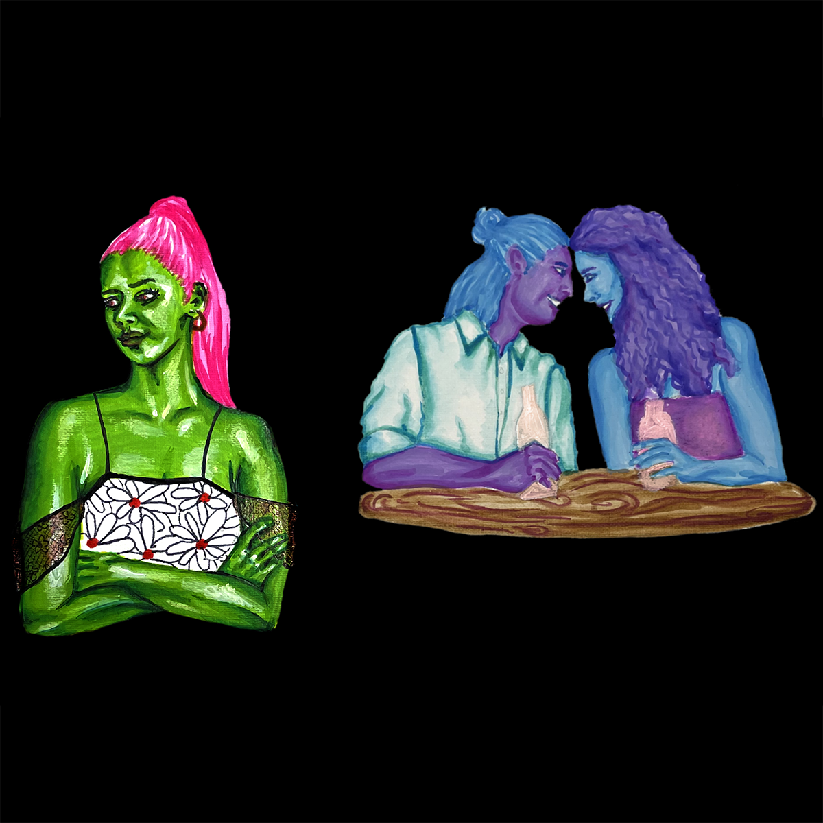 A person with green skin and long pink hair looks off to the side with their arms folded against a black background. Two people behind them (a person with purple skin and blue hair and a person with blue skin and purple hair) touch their foreheads together.