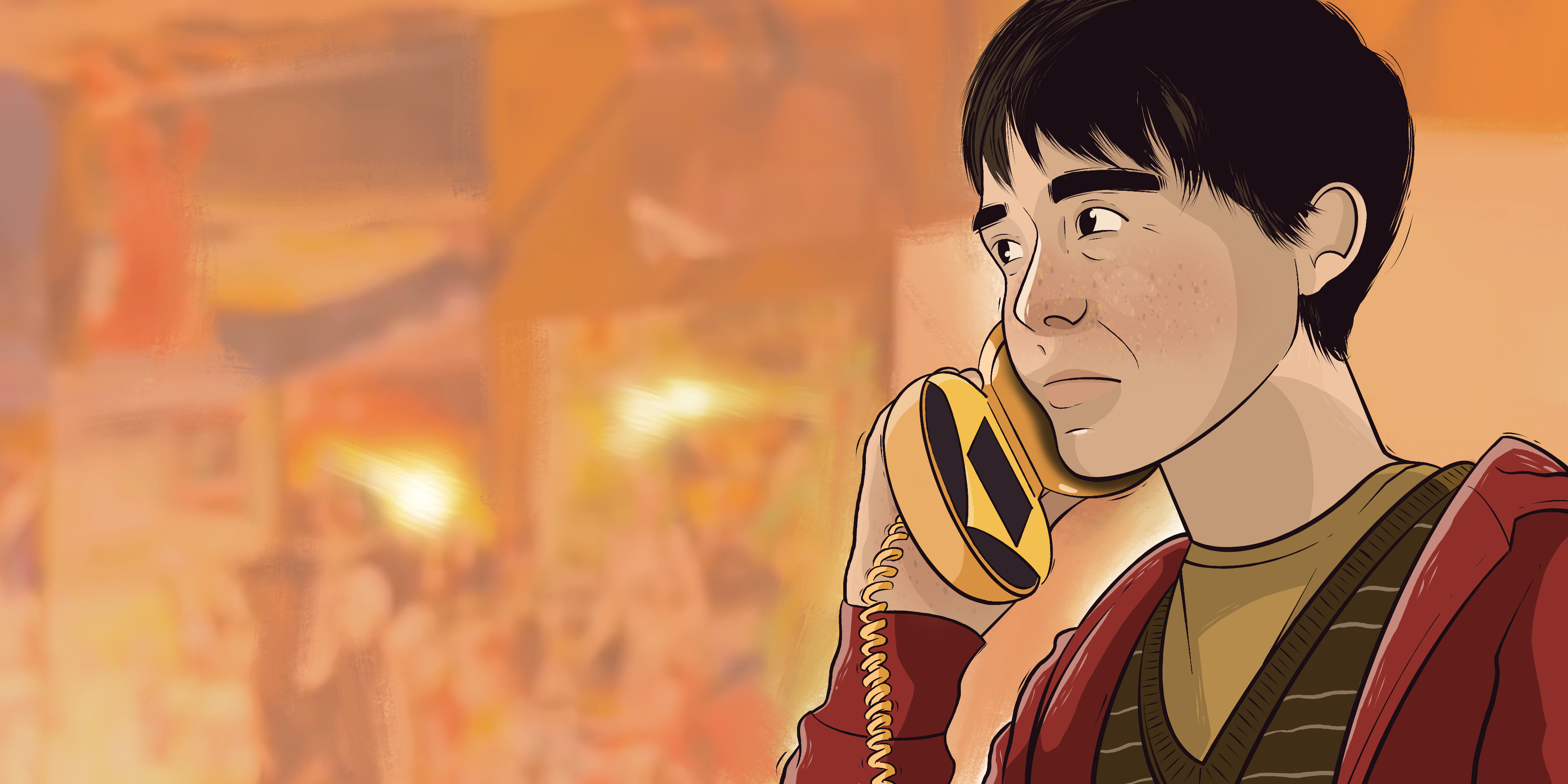 An illustration based on Juno with how Elliot Page looks now. He is wearing a red sweatshirt and talking into a hamburger phone.