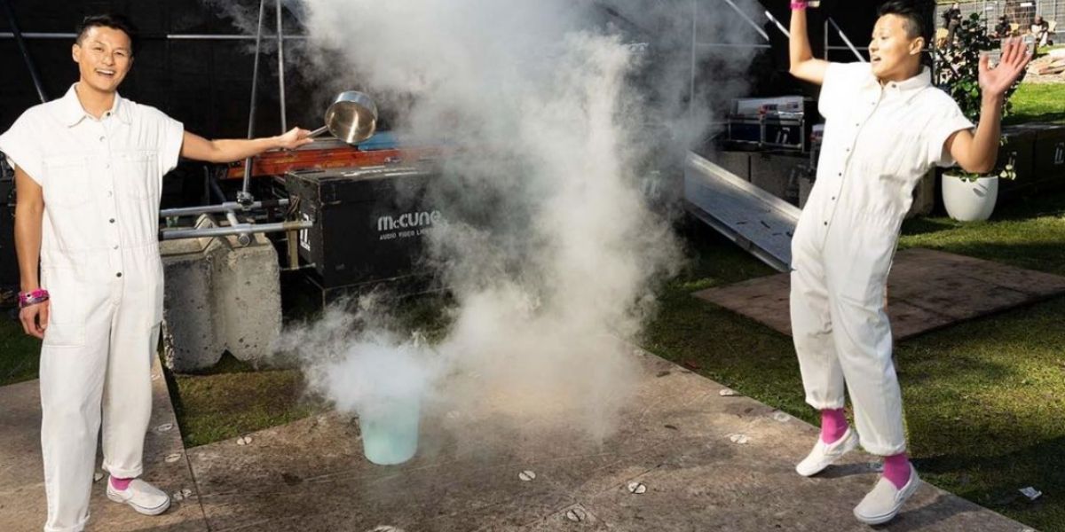 Chef Melissa King and...chef Melissa King surrounded by steam