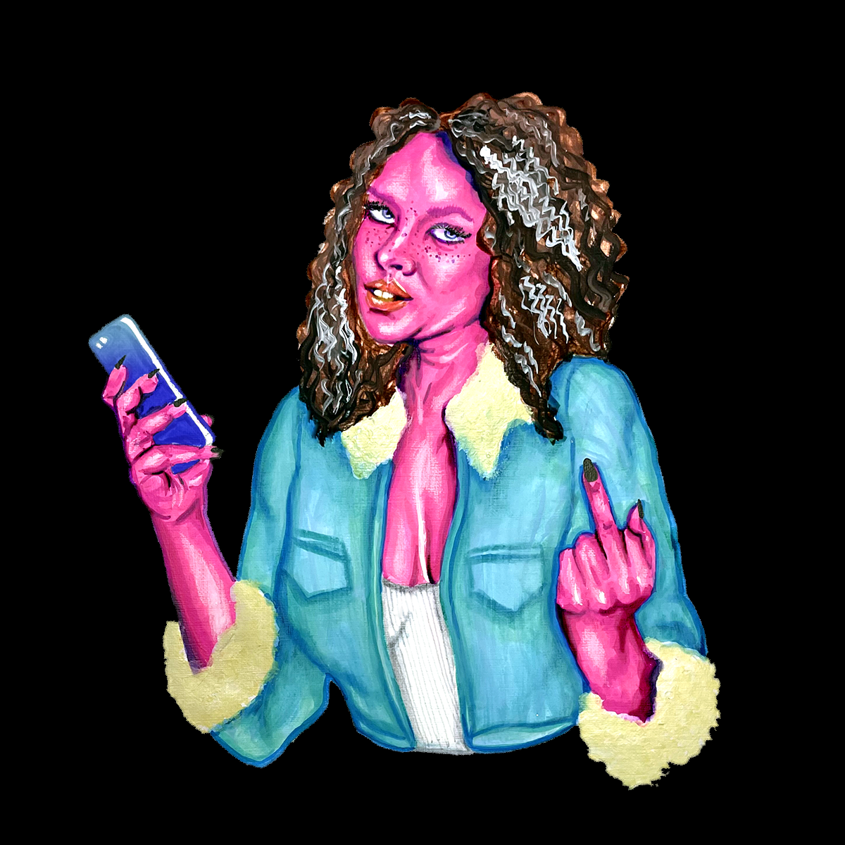 A person with pink skin and curly brown hair wears a low-cut white tank top and a denim jacket with a furry collar and cups. The hold their phone in one hand and raise their middle finger with the other.