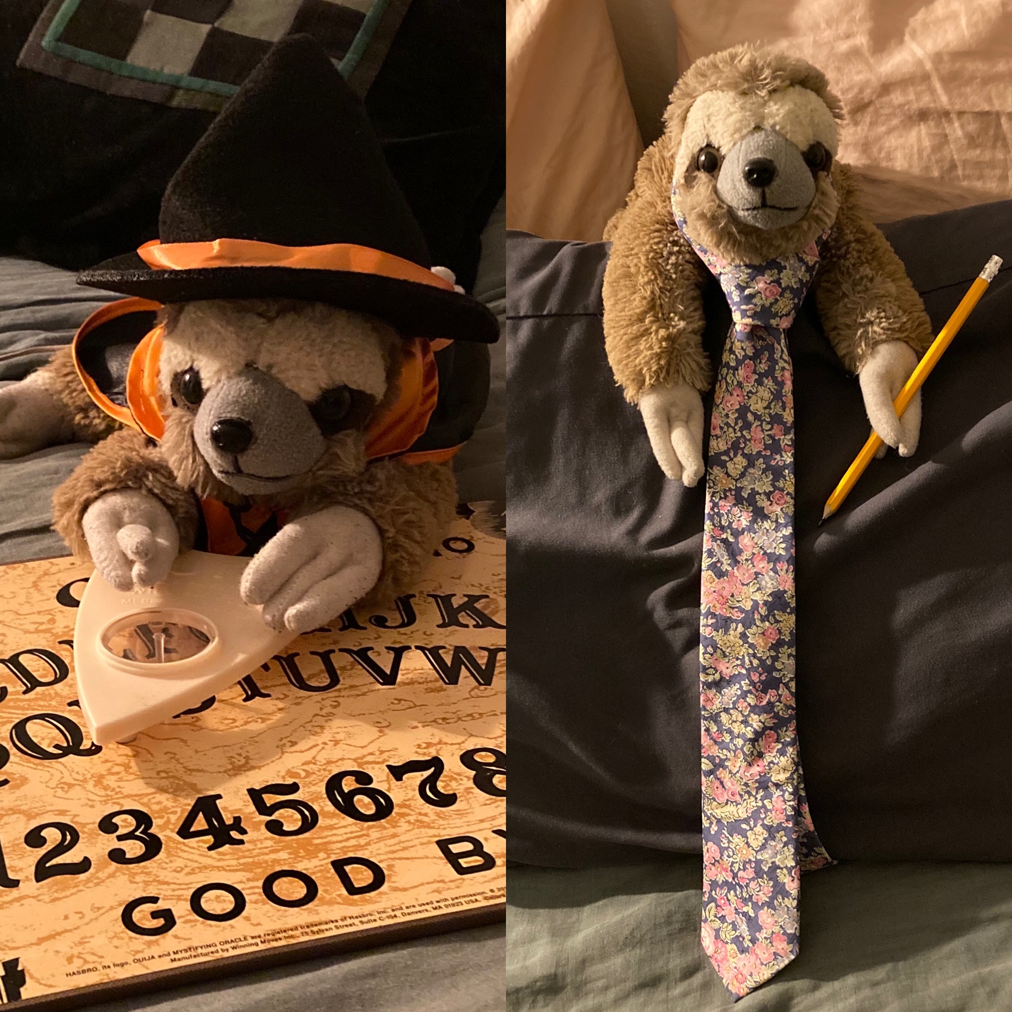 Here are two photos of Cindy side by side. On the left, Cindy is summoning the devil in her witch costume. On the right, Cindy is preparing for a Very Important Meeting.