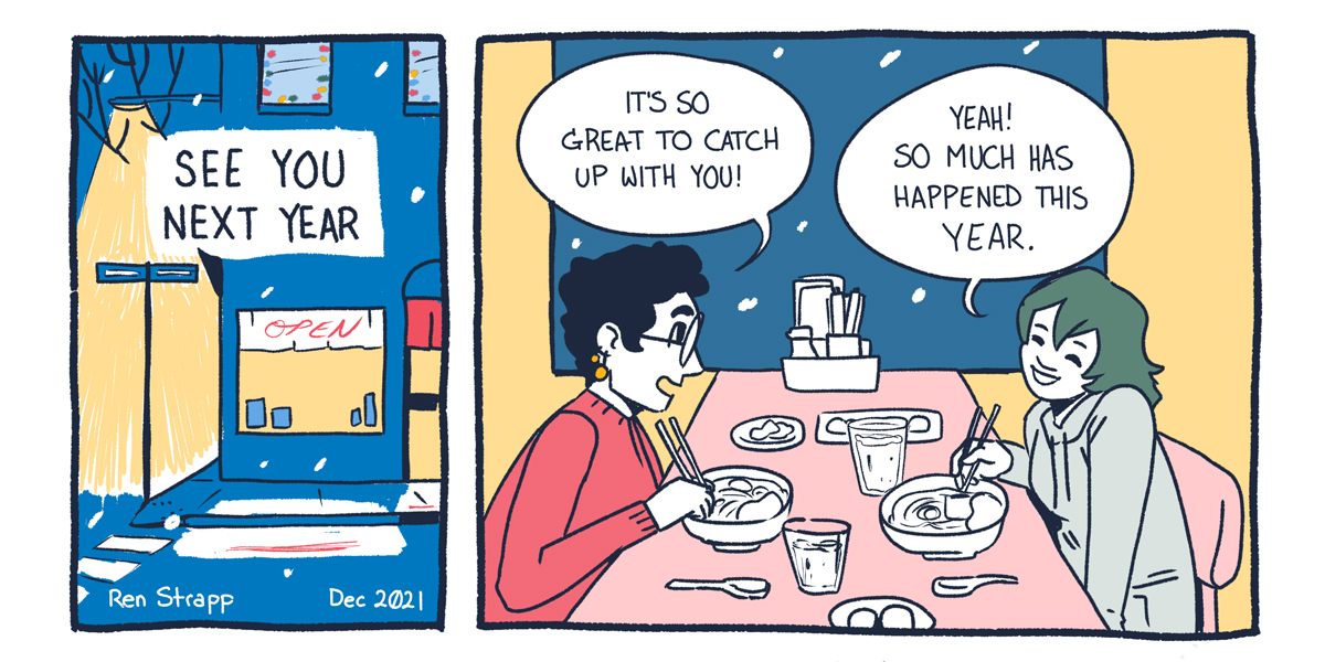 Two friends share a bowl of soup and talk about how good t is to catch up together before the new year. The color palette is warm and cozy.