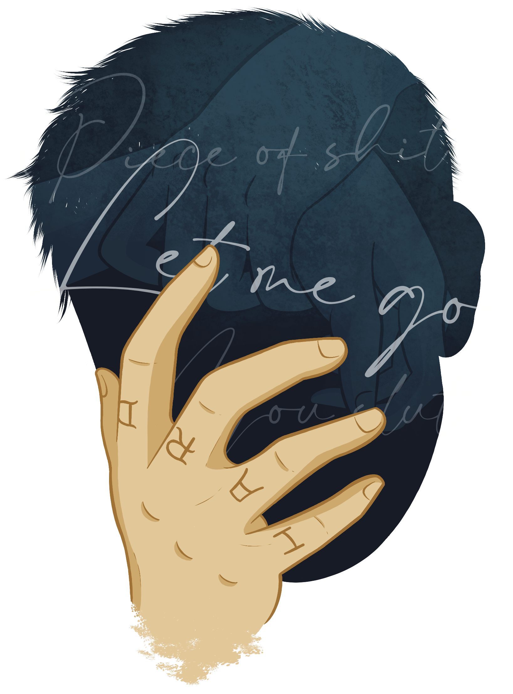 illustrated silhouette of a hand holding a head, with a memory playing inside of the mind: a hand grabbing another hand violently, with the words Piece of Shit, Let Me Go, written in the foreground