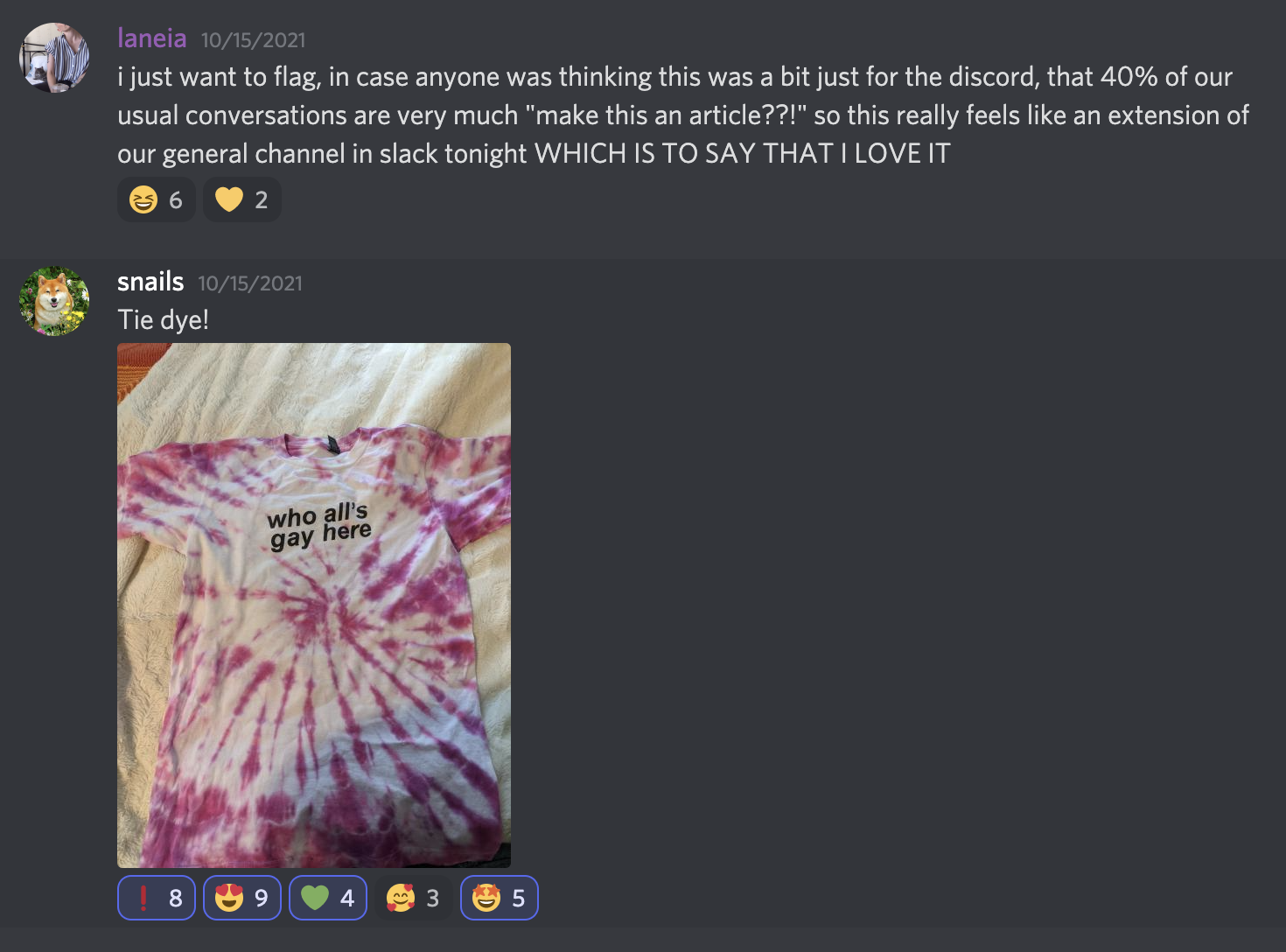 laneia: i just want to flag, in case anyone was thinking this was a bit just for the discord, that 40% of our usual conversations are very much "make this an article??!" so this really feels like an extension of our general channel in slack tonight WHICH IS TO SAY THAT I LOVE IT

snails: tie dye! [photo of a white 'who all's gay here' tee with hot pink spiral dye]