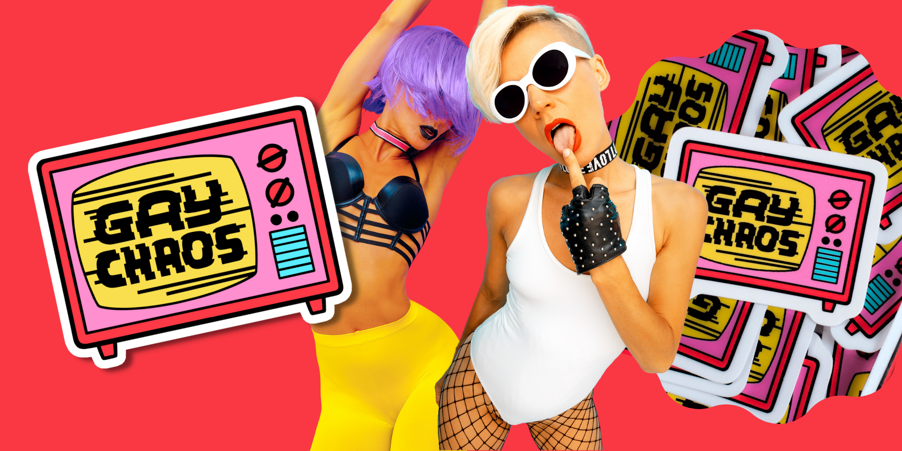 Gay Chaos is two short haired queers wearing very strappy and fish-net like clothes doing wild poses.