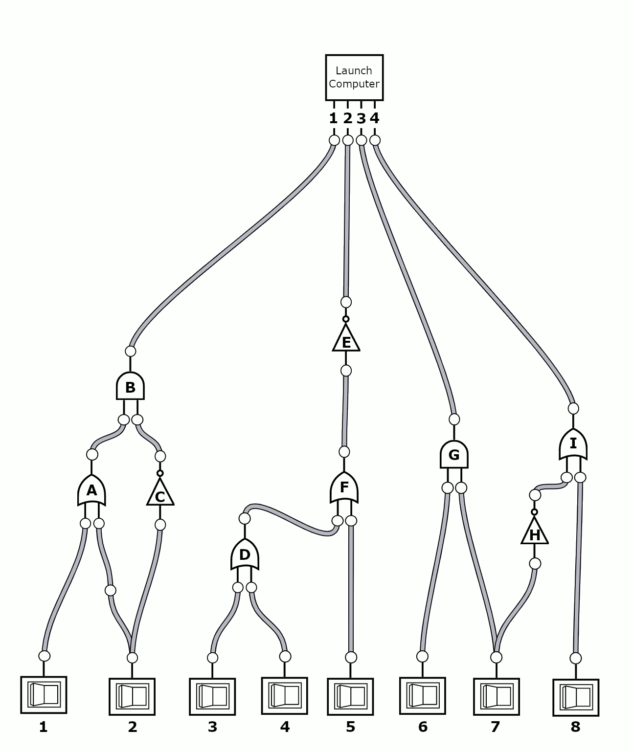 A circuit diagram showing 8 switches connected to various logic gates and a computer terminal