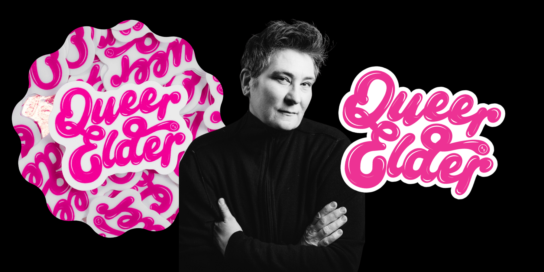 KD lang is in the middle of the QUEER ELDER logo