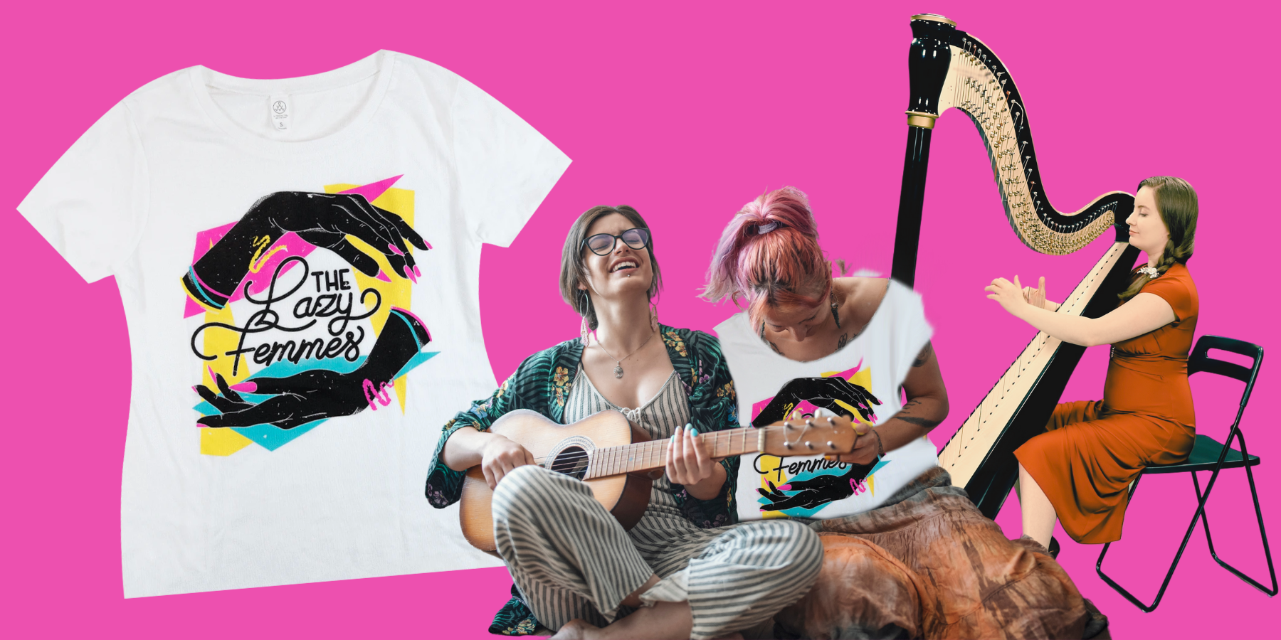 Lazy Femmes "Band" - Two queers sitting on the ground, one is playing guitar, there's a harpist in the background.