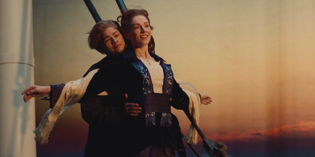 Euphoria recap: Zendaya as Jack and Hunter Schafer as Rose in the Titanic standing at the edge of the boat.