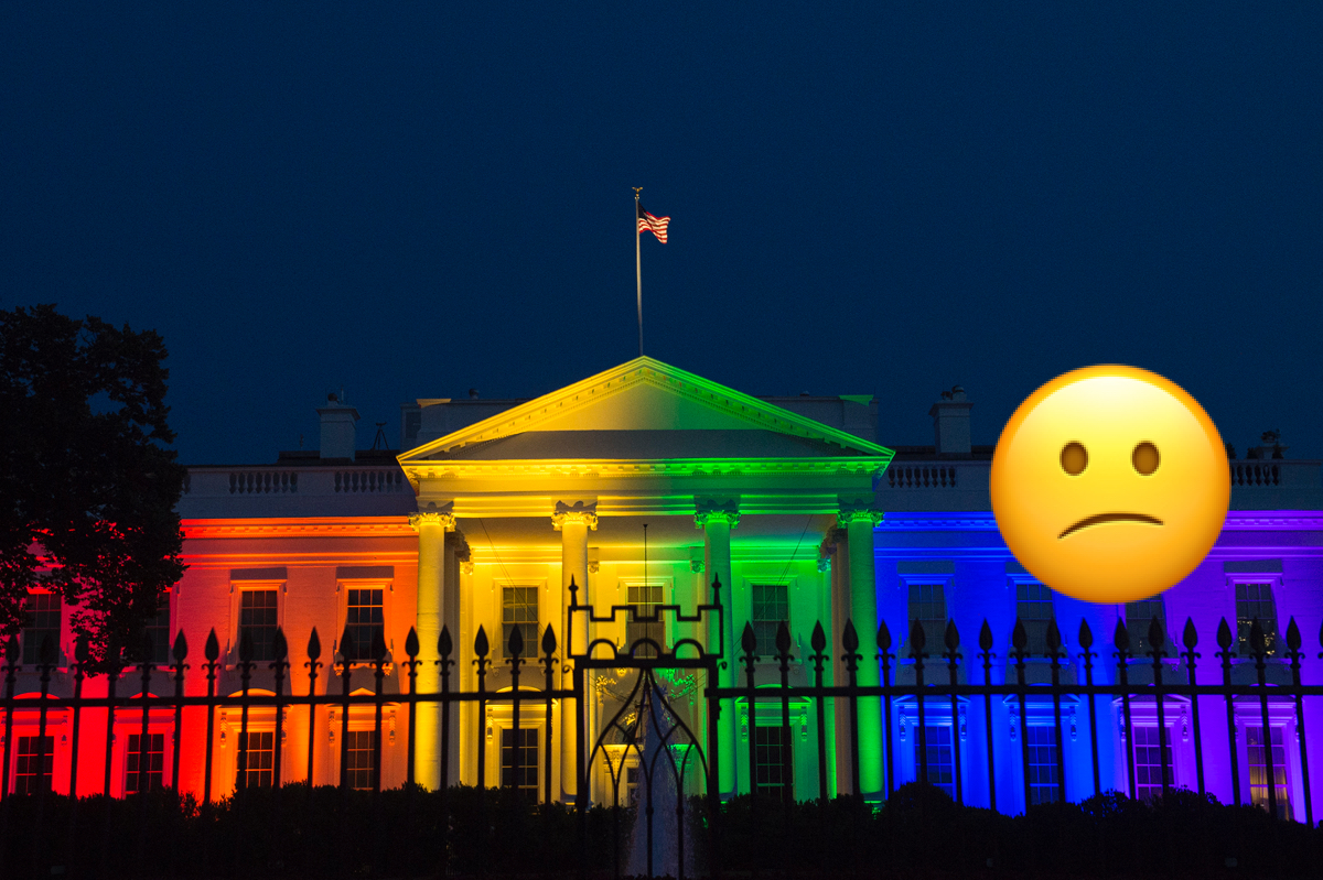 The White House at night in rainbow colors for LGBT Pride, with a confused face emoji layer over it.