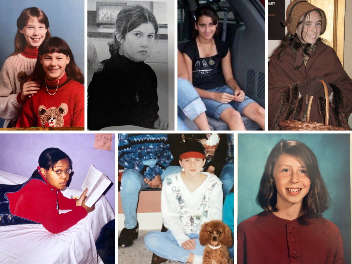 In the top left is Heather wearing a teddy bear sweater and a mullet at age 13. She smiles and has her hands on her sister's shoulder. Next on top second from the left is Nicole in a black and white photo. They are wearing a black turtleneck, some kind of silver pendant, silver moon earrings, their hair is parted in the center and they are glaring at the camera. Then, second from the right, Kayla sits in what appears to be a mini van. She has a barette in her hair and is wearing a Pirates of the Caribbean necklace, jorts and a black tee shirt. On the top right is Anya dressed up to play Balinda Cratchitt in a Christmas Carol. She is grinning. On the bottom left, Carmen is wearing a red turtleneck and jean overalls. She is holding a book and reading and giving the camera a look like "you interrupted my reading." In the bottom on the center is Laneia wearing a red-visored baseball cap and vest over long-sleeved white shirt. A cute small poodley dog is also visible. On the bottom right is Riese's school photo from thirteen. She has braces and is wearing a boy's button up long-sleeve tee shirt in maroon.