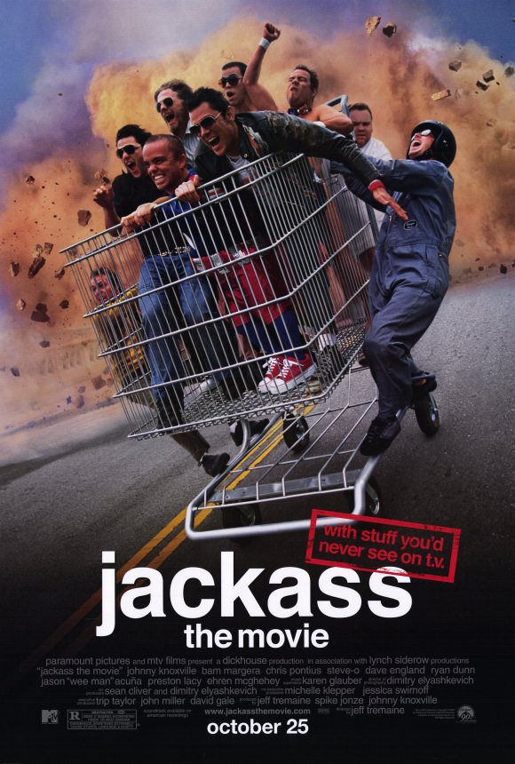 The cover of Jackass: The Move, featuring a lot of guys in a shopping cart.