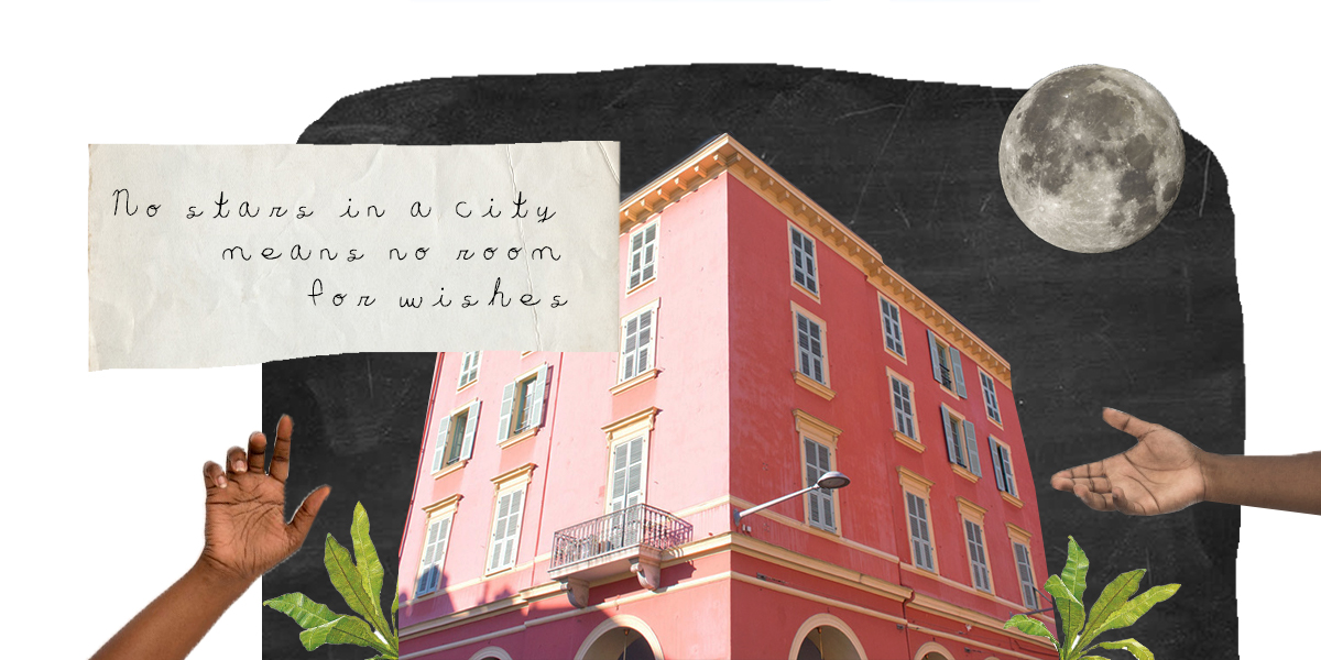 A pink building stands against a starless night sky with a full moon, and hands reach out. A handwritten note reads 