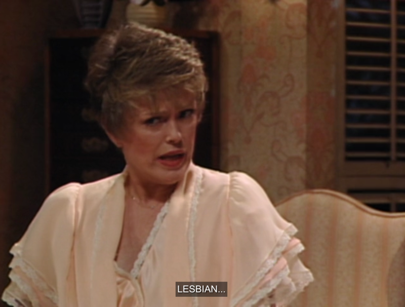 The feature for Carmen's Golden Girls post featuring Blanche wearing a nightgown, saying "Lesbian". The post is: Very Special Gay Episode: In 1986, Golden Girls Created the Most Endearing Lesbian Joke on Television