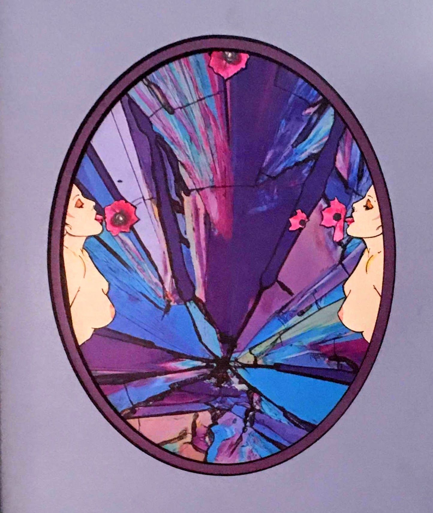 This is a collage. There is an oval background with a stained glass-esque interior. There are two nude illustrations of the upper bodies and heads of white women with their tongues sticking out. Images of flowers are placed near their tongues.