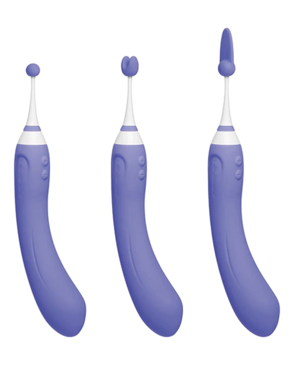 Three images of a silicone, lavender vibrating toy. Each image of the toy has a separate attachment on top. The attachments are: a sphere, a U-shape and a sphere with a flat, tongue-shaped piece extending from it.